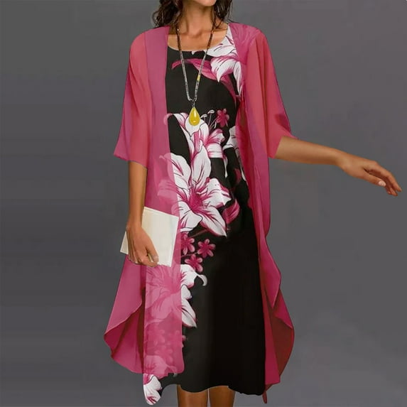 JURANMO Mother of the Bride Dresses,Womens Two-Piece Set Floral Print Midi Dress with Cardigan Chiffon Formal Party Sleeveless Plus Size Wedding Guest Dresses for Women 2025 Resort Wear