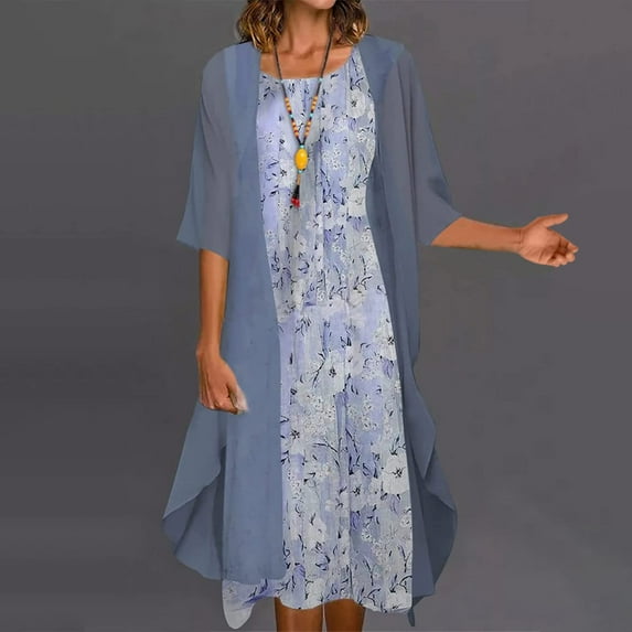 JURANMO Mother of the Bride Dresses,Womens Two-Piece Set Floral Print Midi Dress with Cardigan Chiffon Formal Party Sleeveless Plus Size Wedding Guest Dresses for Women 2025 Resort Wear