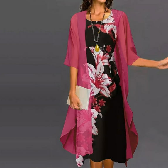 JURANMO Mother of the Bride Dresses,Womens Two-Piece Set Floral Print Midi Dress with Cardigan Chiffon Formal Party Sleeveless Plus Size Wedding Guest Dresses for Women 2025 Resort Wear