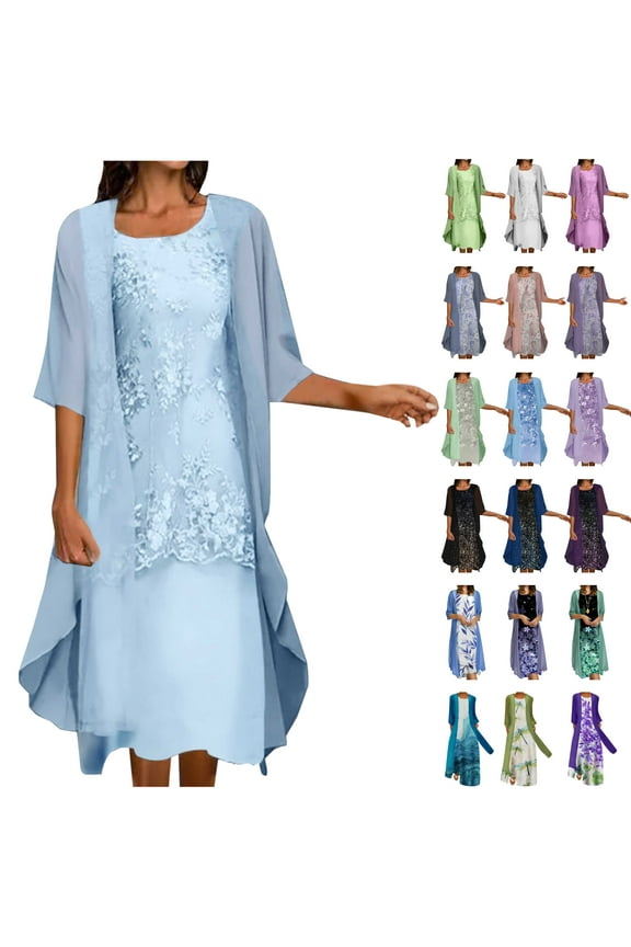 Mother of the Bride Dresses,Womens Two-Piece Set Floral Print Midi Dress with Cardigan Chiffon Formal Party Sleeveless Plus Size Wedding Guest Dresses for Women 2025 Resort Wear