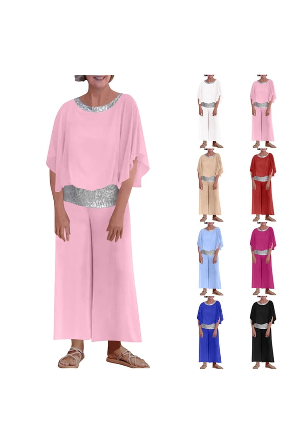 Mother of The Bride Wedding Guest Outfits Fashion Sequin Chiffon Shirts and Wide Leg Pant Suit Elegant Two Piece Sets Red XXXL Sale of The Day