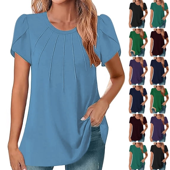 JURANMO My Orders Placed By Me Womens Casual Dressy Shirts Summer Petal Short Sleeve Tees Shirts Solid Color Round Neck Blouse Fashion Pleated Tunics Vacation Tops Sky Blue M