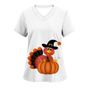 JURANMO Nursing Scrub Tops for Women Happy Thanksgiving Cute Turkey Printed Scrubs Nurse Uniform Workwear with Pockets Daily Deals Clearance White#1 XL