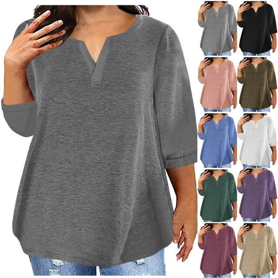 JURANMO Ofertas Flash 3/4 Sleeve T-Shirts for Women Dressy Casual Loose Fit Oversized Tops Cotton Comfy V Neck Tees 2025 Summer Shirts Solid Color Work Blouse Dark Gray XXXXL