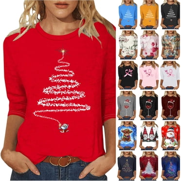 Merry Christmas 3/4 Sleeve Tops For Women Cute Xmas Tree
