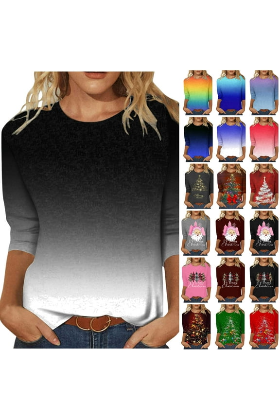 Ofertas Flash Del Dia Womens Fall Shirts Casual Round Neck 3/4 Length Sleeve T-Shirts Christmas Trees Graphic Tee Tops Loose Fit Pullover Blouses Purple M