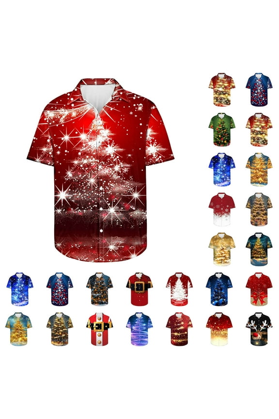 Ofertas Flash Hawaiian Shirts for Men Funny Christmas Trees Graphic Tees Tops Casual Short Sleeve Button Up Vacation Bowling Shirt Xmas Gifts Blue M