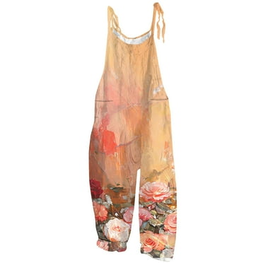 JURANMO One Piece Jumpsuit Womens Boho Floral Print Baggy Overalls Wide Leg Jumpsuits Casual Loose Adjustable Wide Leg Jumpsuits Deals of The Day Clearance Multicolor#Orange S