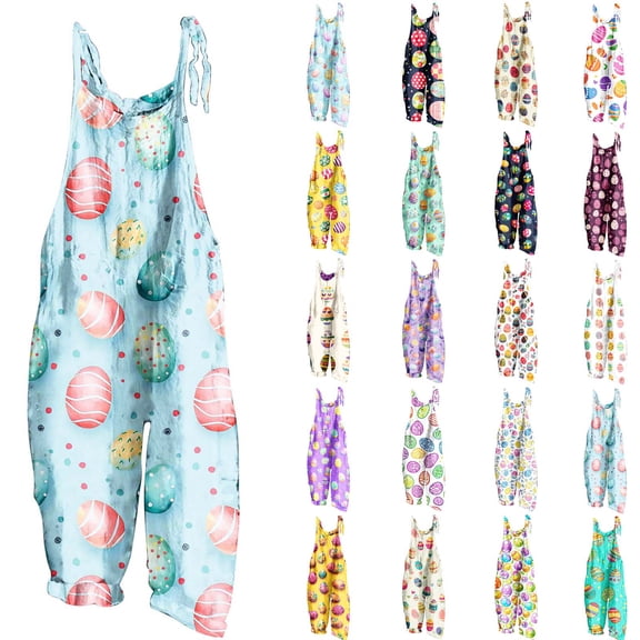 JURANMO My Orders Placed By Me Womens Loose Fit Wide Leg Overalls with Pockets Cotton Linen Sleeveless Spaghetti Strap Baggy Romper Easter Rabbit Egg Graphic Jumpsuits Multicolor M