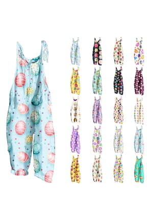 Womens Loose Fit Wide Leg Overalls with Pockets Cotton Linen Sleeveless Spaghetti Strap Baggy Romper Easter Rabbit Egg Graphic Jumpsuits Multicolor S Sales of The Week