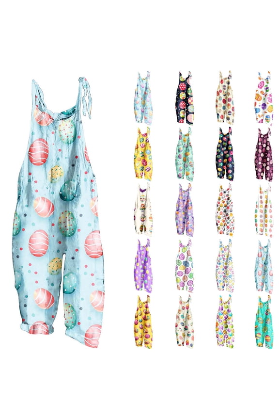 Womens Loose Fit Wide Leg Overalls with Pockets Cotton Linen Sleeveless Spaghetti Strap Baggy Romper Easter Rabbit Egg Graphic Jumpsuits Multicolor S Sales of The Week