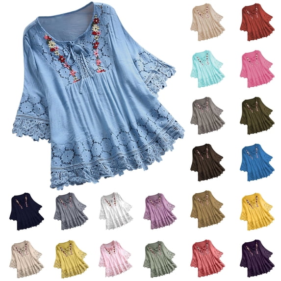 JURANMO Oversized Tshirts for Women Fashion Lace Floral Embroidered 3/4 Sleeve Shhirts Summer Loose Fit Cotton Linen Flowy Tunic Tops Navy M Prime By Hour