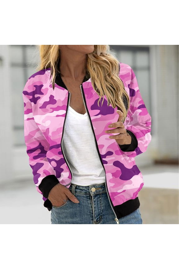 Pink Jackets for Women Camo Print Long Sleeve Zip Up Bomber Jacket Breast Cancer Awareness Outerwear Pink L