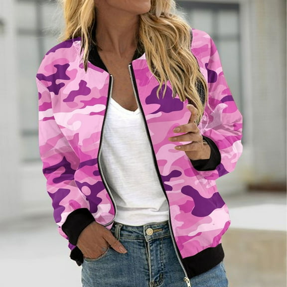 JURANMO Pink Jackets for Women Camo Print Long Sleeve Zip Up Bomber Jacket Breast Cancer Awareness Outerwear Pink M