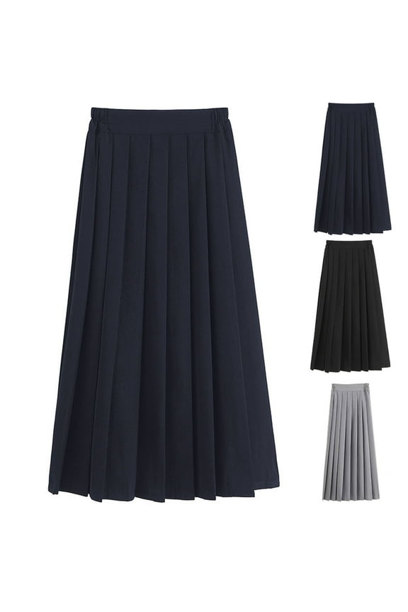 Pleated Skirts for Teen Girl Elastic High Waist Cotton Maxi Skirt Solid Uniform Skirt Flowy Casual Long Skirts Black 11 Years