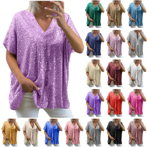 JURANMO Plus Size Sequin Tops for Women Dressy Sparkly Blouses Casual Loose Fit Deep V Half Sleeve Shirts Evening Party Outfits Purple XXXL Deals for Today on Walmart