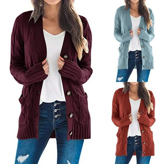 JURANMO Plus Size Sweater Jackets for Women Fashion Cable Knit Button Down Cardigan Sweaters Casual Long Sleeve Knitted Jacket with Pockets Red M