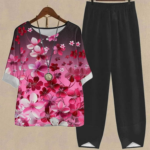 JURANMO Womens Sets 2 Piece Outfits Floral Print Boho Beach Summer Set Short Sleeve Crew Neck Drape Tops Tulip Hem Pants Lounge Outfit