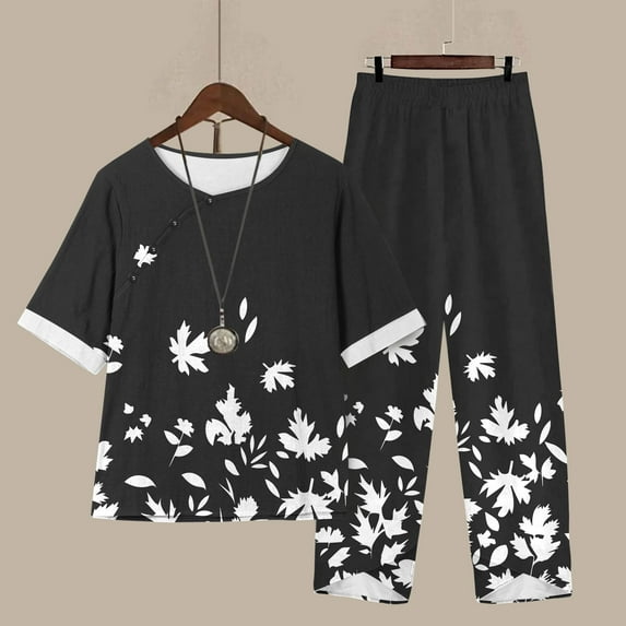 JURANMO Prime Day Clearance 2024,2 Piece Outfits for Women Summer Elastic Waist Capri Lounge Pants Short Sleeve Crew Neck Drape Tops Casual Wide Leg Linen Set