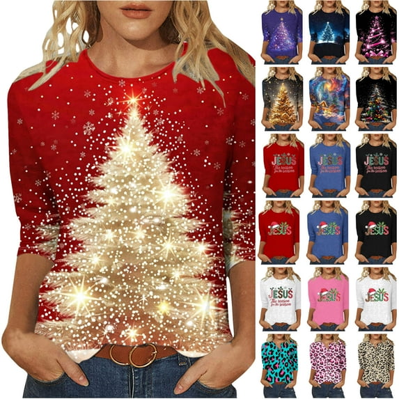 JURANMO Prime Day Deals Today 2024 Clearance Funny Christmas Shirts for Women 2024 Casual Letter Graphic Tees Loose Crewneck 3/4 Sleeve Tops Xmas Tunic Blouse Wine L