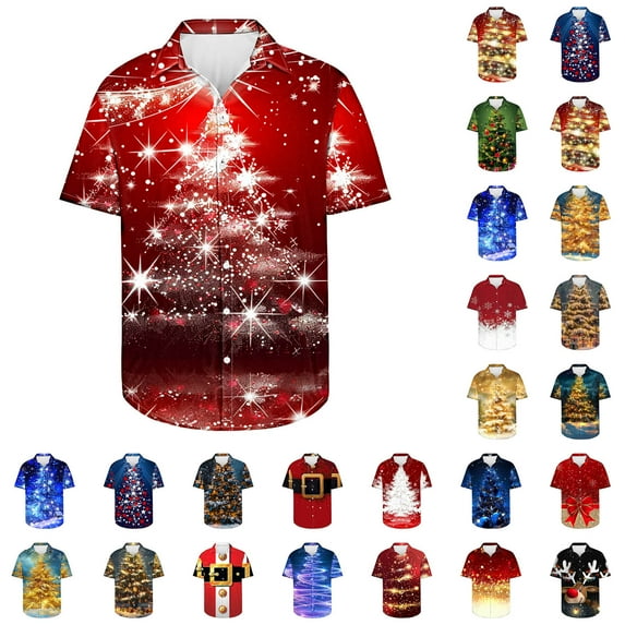 JURANMO Prime Day Deals Today Christmas Hawaiian Shirts for Men Tropical Short Sleeve Button Down Tees Tops Beach Vacation Holiday Shirt Xmas Gifts Black XXXXXL