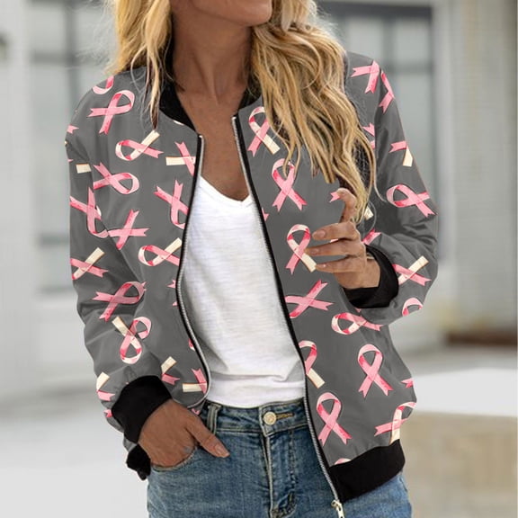 JURANMO Print Jacket for Women Pink Ribbon Graphic Breast Cancer Long Sleeve Bomber Jackets Full Zip Casual Outerwear Pink M