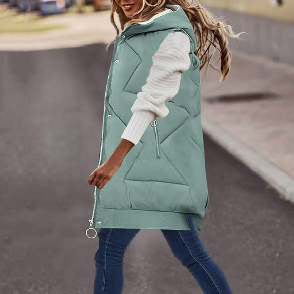 JURANMO Puffer Vest Women Plus Size,Womens Light Weight Classic Hooded Solid Color Warm Down Jacket Large Size Long Coats with Zip Pockets 2024 Winter Trendy Waistcoat Sleeveless Vest with Full Zipper