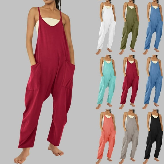 JURANMO Rompers for Women Casual Summer Jumpsuits Sleeveless Loose Spaghetti Strap Overalls Baggy Wide Leg Oneise Pants with Pockets Army Green L 50 Percent off Sales Today