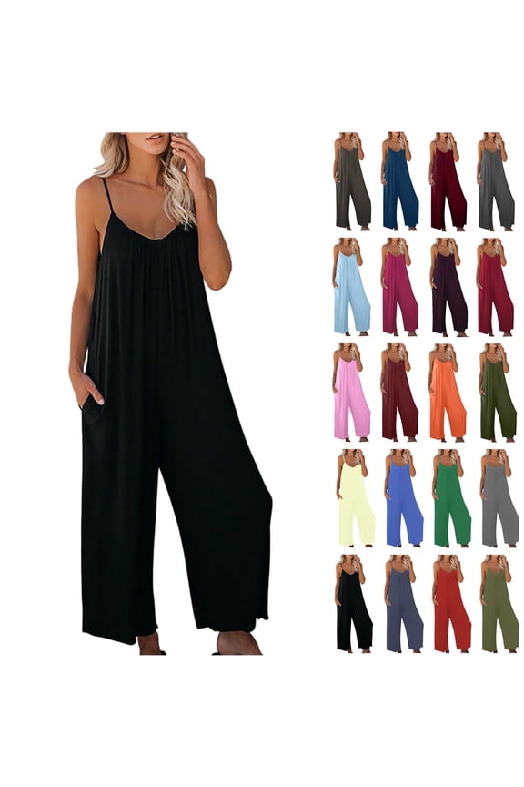 Sales Today Spaghetti Strap Jumpsuits for Women Summer Sleeveless Baggy Bib Overall Solid Color Casual Wide Leg Pants Romper with Pockets Dark Gray M