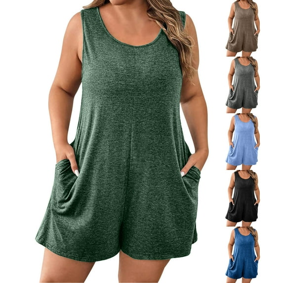 JURANMO Sales for Today Womens Plus Size Jumpsuits Casual Crew Neck Sleeveless Tank Rompers Summer Cotton Comfy Oversized Romper with Pockets Black XXXXXL