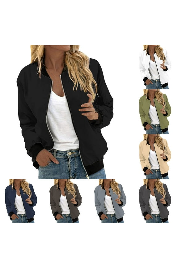 Bomber Jacket Women,Fall Winter Women's Casual Temperament Trendy Lapel Collar Full Zip Up Jackets Loose Classic Solid Color Long Sleeve Coat with Pockets