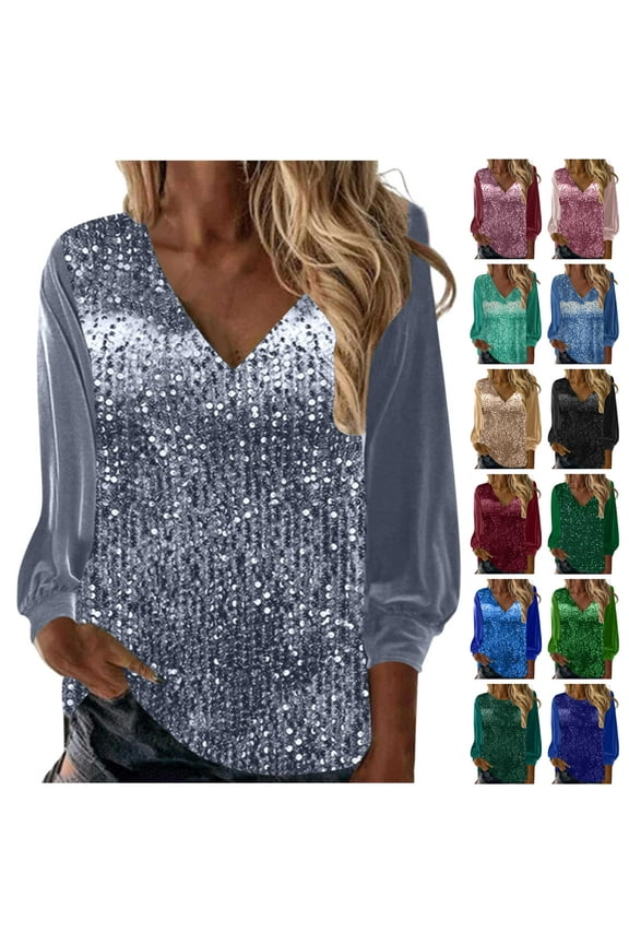 Sequin Tops for Women, 2025 Woman Trendy Cozy Golden Velvet Glitter Shirts Classic Long Sleeve Solid Color V-neck Sparkly Blouses Casual Pullover Sweatshirts Lightweight