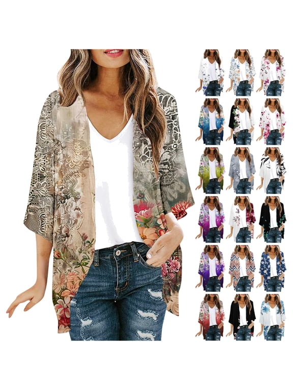 Sheer Jackets for Women Over Dress Coverups Swimsuits Summer Light Weight Chiffon Cardigans Floral Print 3/4 Sleeve Kimono Cardigan Cover Up Tops Multicolor XXXL Sales Prime