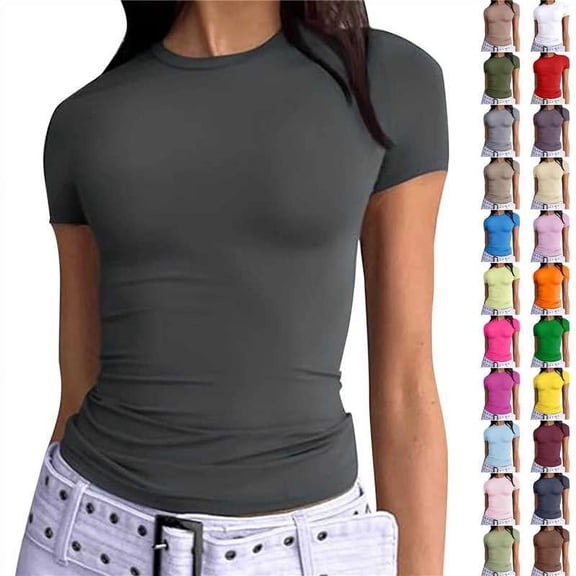 JURANMO Shirts for Women Crew Neck Short Sleeve Tops Slim Fit Soft Basic Tees Cute Summer T Shirts Y2k Clothing Army Green L Sales Prime
