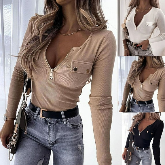 JURANMO Slim Fit T Shirts for Women Half Zipper V Neck Long Sleeve Casual Tees Ribbed Knit Comfy Casual Fall Tee Tops Black XXL