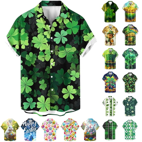 JURANMO St. Patricks Day Printed Hawaiian Shirt for Men, Men's Casual Beach Summer Shirts Novelty Graphic Tees Vacation Tops Green XXXXL Back to College Sale