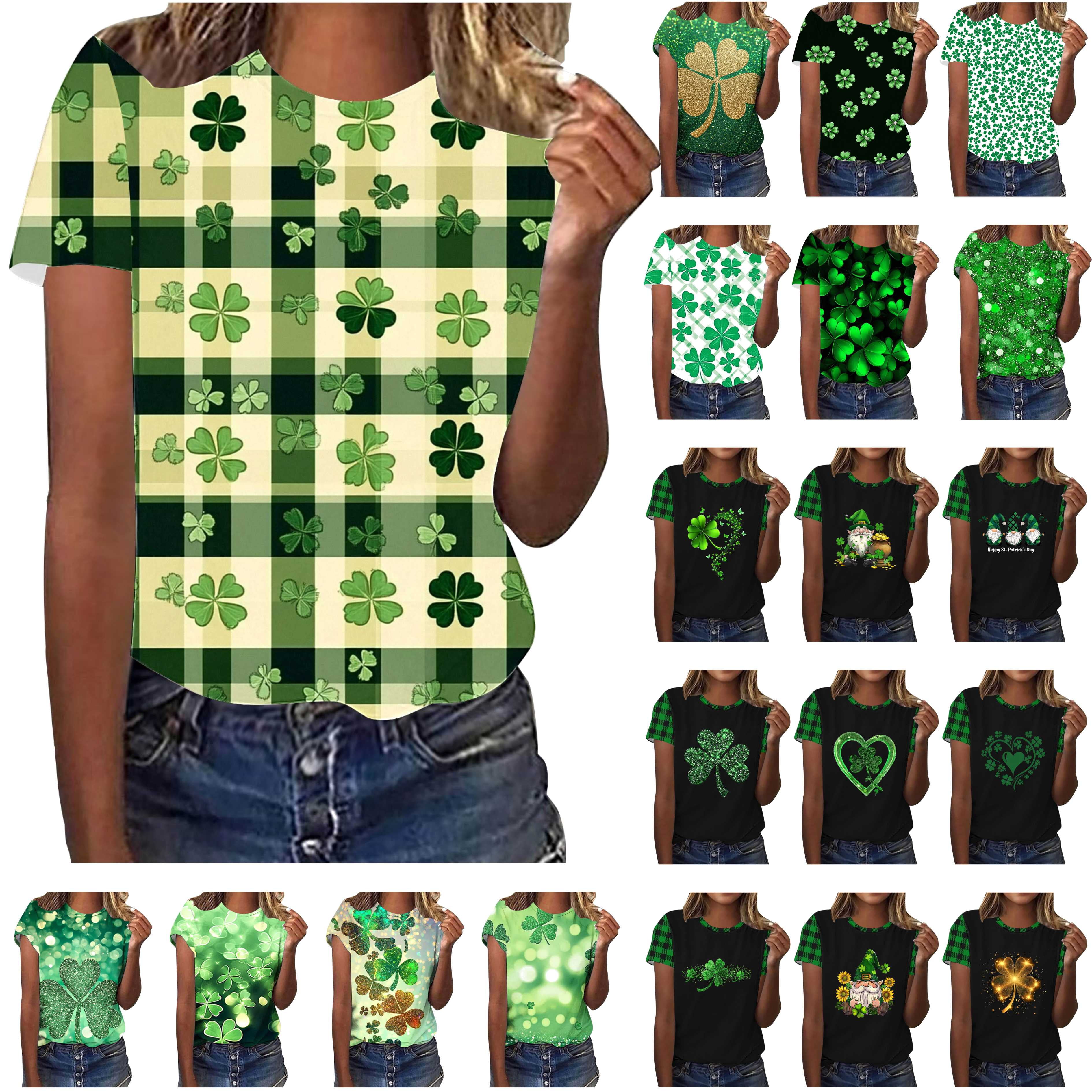 St. Patrick's Day Shirts For Women – Irish Shamrock Striped Short Sleeve Tee In Green - View #7