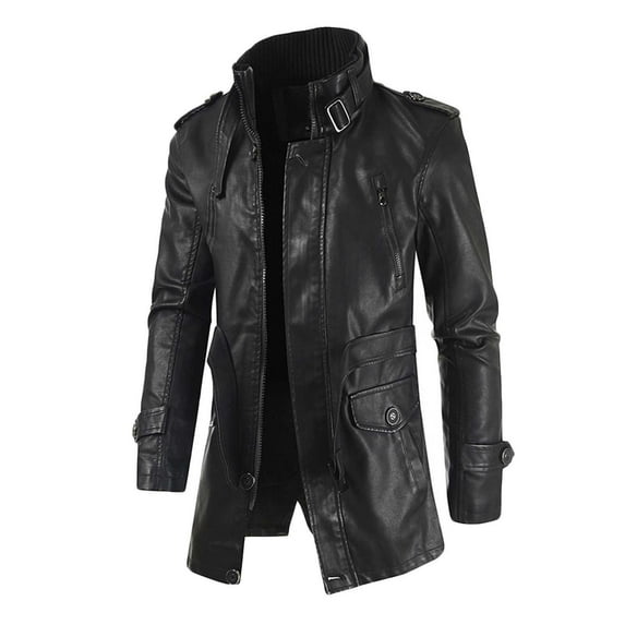 JURANMO Stand Collar Faux Leather Motorcycle Jacket with Armor for Men,Mens 2024 Trendy Mid-length Solid Color Artificial Leather Zipper Slim Fit Plus Size Jacket with Pockets