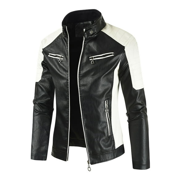 JURANMO Stand-Up Collar Men's Motorcycle Faux Leather Racing Suit Color-Blocking Pu Simulation Leather Jacket,Mens 2024 Trendy Zip Pockets Full Zipper Casual Artificial Leather Jacket