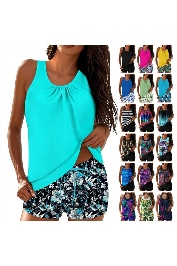 Swimming Suits for Women, Summer Beach Sleeveless Tank Top with Boyshorts 2 Piece Tankini Bathing Suits Holiday Casual Swimsuits Multicolor M Sales Today Clearance