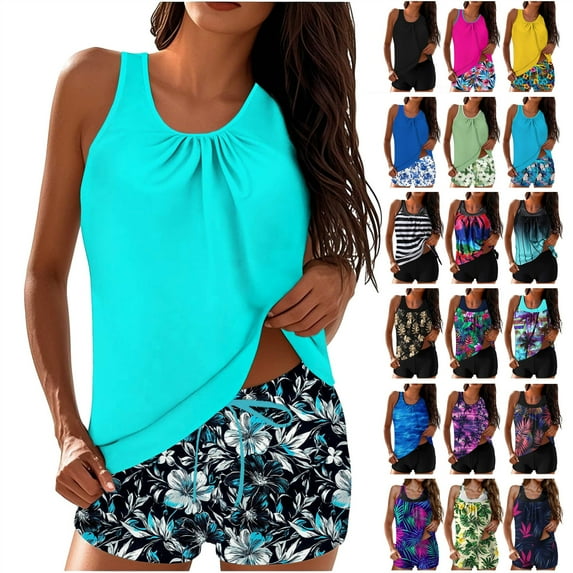JURANMO Swimsuits for Women 2025, Summer Beach Sleeveless Tank Top & Tummy Control Swim Shorts 2 Piece Sets Vacation Tankini Bathing Suits Multicolor S Sales Prime