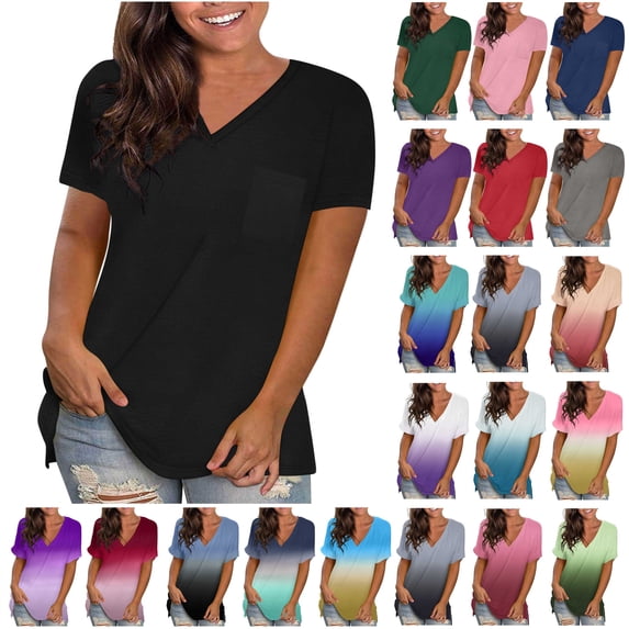 JURANMO T Shirts for Women Loose Fit Cotton Basic Tees Cute V Neck Summer Tops Solid Casual Short Sleeve Hide Belly Tunic Top with Pocket White XXXL Ofertas Flash Del Dia