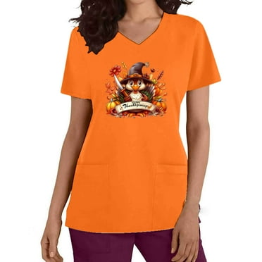 JURANMO Thanksgiving Scrub Tops Women V Neck Cartoon Pattern Short Sleeve Nursing Scrub Tops Stretch Uniform Shirt with Pockets Lightning Deals Orange#1 XXL