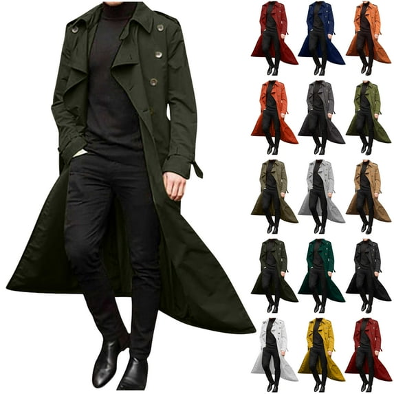JURANMO Today's Deals Trench Coat for Men Full Length Double Breasted Lapel Long Coats Casual Slim Fit Fall Winter Classic Business Overcoat Blue XL