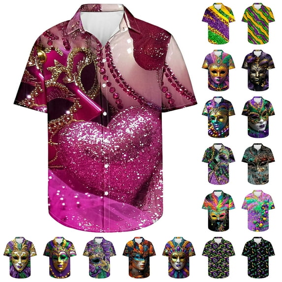 JURANMO Todays Daily Deals Bowling Shirts for Men Funny Carnival Print Tshirts Casual Lapel Button Down Vacation Beach Blouses Multicolor 4XL