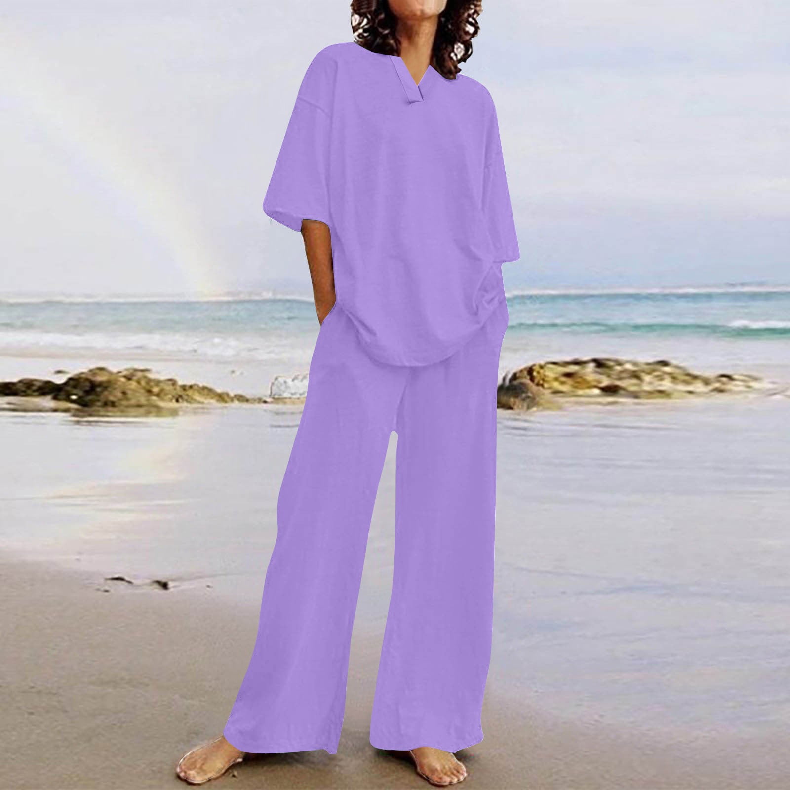 JURANMO Travel Outfits for Women 2 Piece Sets V Neck Short Sleeve Tops ...