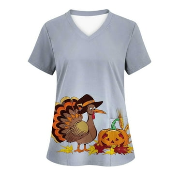 JURANMO Turkey Graphic Scrub Tops for Women Thanksgiving 2024 Holiday V Neck Short Sleeve Nursing Uniforms with Pockets Deals of the Day O-Gray#Turkey Pattern L