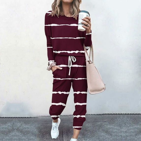 JURANMO Two Piece Outfits for Women Casual Tracksuit,2024 Fall Winter Women Loose Fit Two-piece Sets Classic Long Sleeve Round Neck Trendy Stripe Print Tops and Drawstring Pants with Pockets Sweatsuit