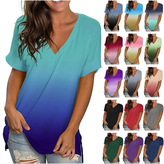 JURANMO V Neck T Shirts for Women Summer Fashion Gradient Color Tee Top Casual Loose Short Sleeve T-shirt 2024 Trendy Going Out Tops Deals of the Day Q-Blue#Fashion T-shirt M