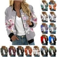 thumbnail image 1 of JURANMO Vacation Sale Bomber Jackets for Women Lightweight Casual Long Sleeve Coats Fall Winter Full Zip Flight Jacket Trendy Stripe Outwear Y2k Streetwear Light Blue M, 1 of 6